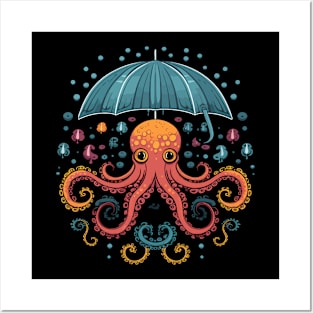 Octopus Rainy Day With Umbrella Posters and Art